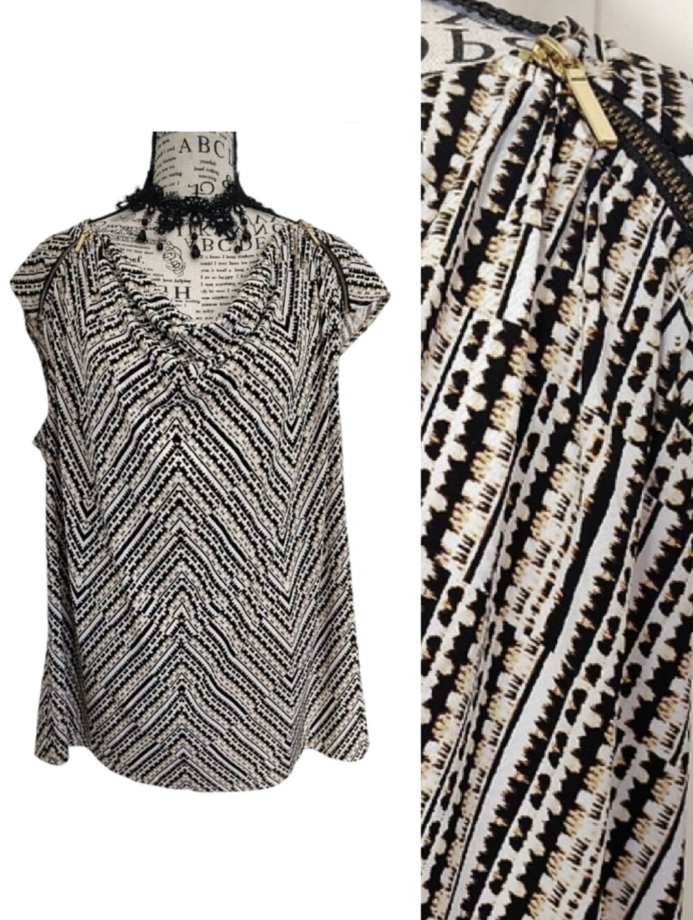 Lane Bryant Brown White Geo Print Sleeveless Blouse Plus 18/ 20 Zipper‎ Detail
